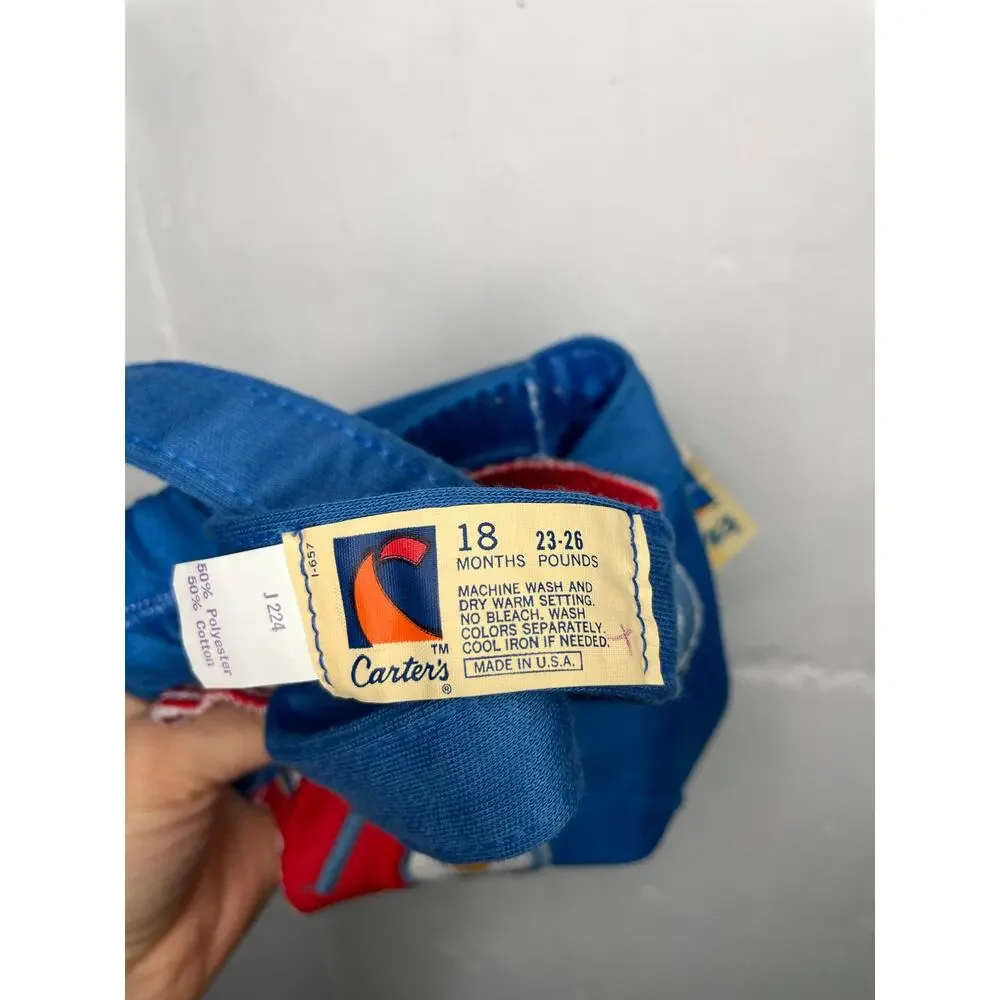 NEW Vintage Carters Teddy Bear in Car Blue Overalls Shortalls Romper Size 18 Mo